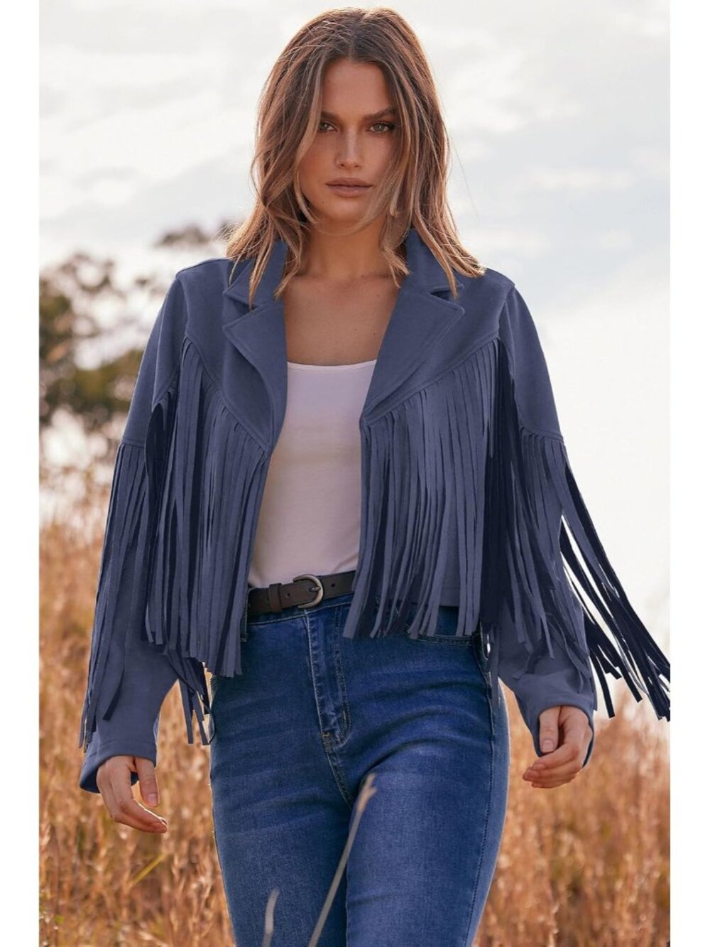 〽️Haze Blue Women's Fringe Faux Suede Cropped Western Moto Jacket - Picture 5 of 6